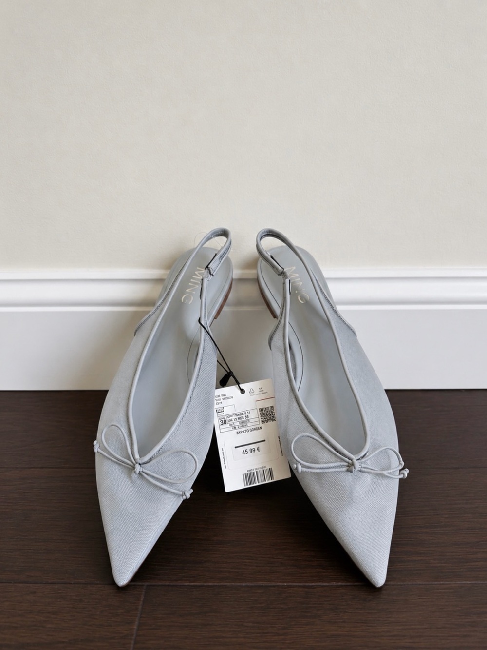 Mango Light Gray Pointed Slingback Flats with Bow Detail